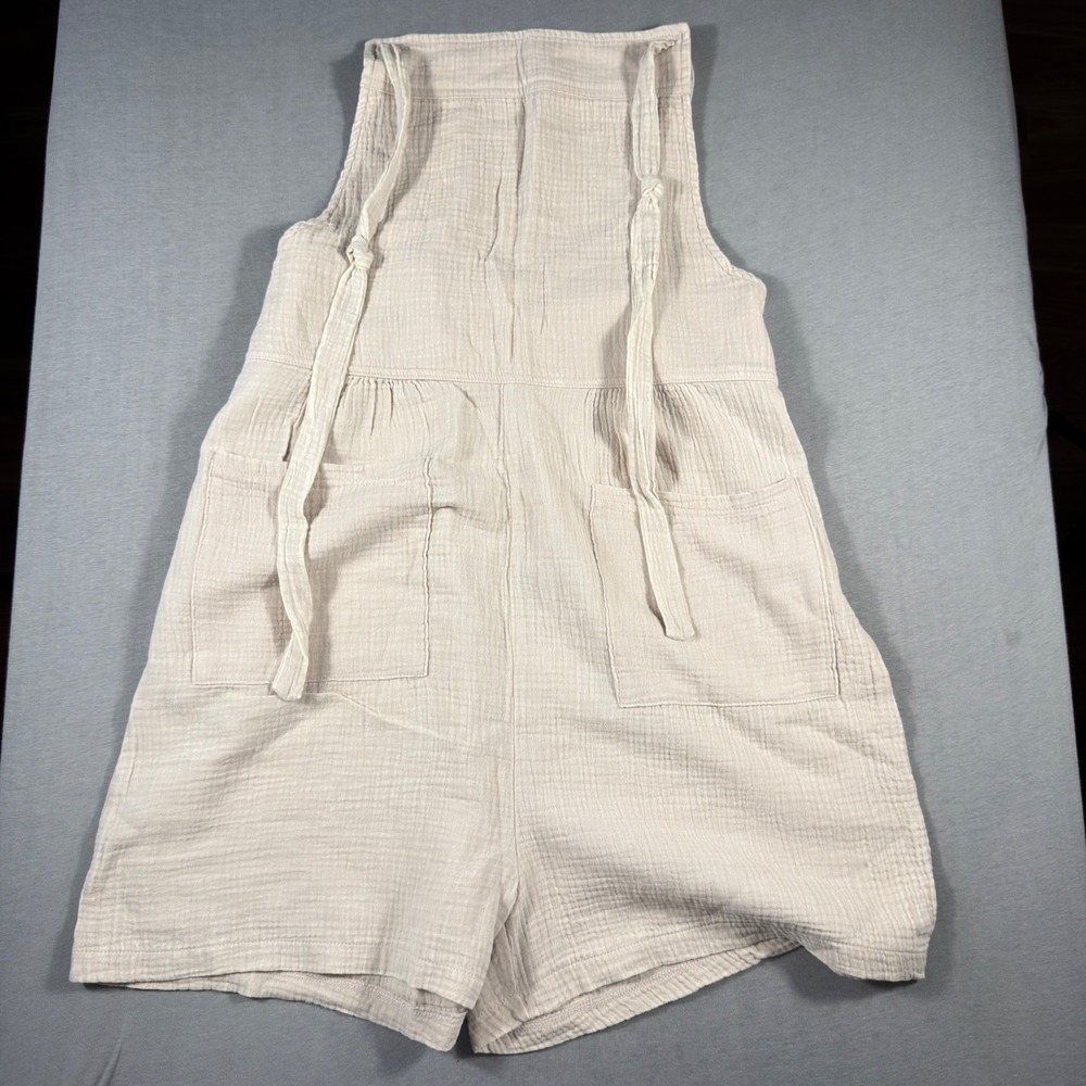 Zenana Cotton Gauze Romper Oatmeal Beige Tie Strap Pocket Shorts Jumpsuit Large